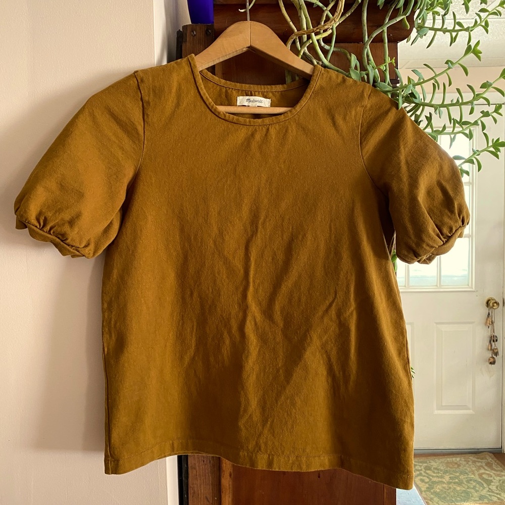 ❌ Sold ❌ Madewell Puff-Sleeve Mustard/Bronze Top, 100% Cotton